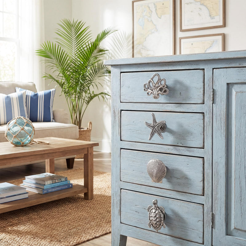 Zonon 8 Pcs Coastal Nautical Cabinet Knobs, Beach Ocean Themed Drawer Knobs, Starfish Seashell Sea Turtle Octopus Cabinet Pulls & Handle, Metal Knob for Dresser Cupboard Wardrobe (Pewter) Pewter Vintage