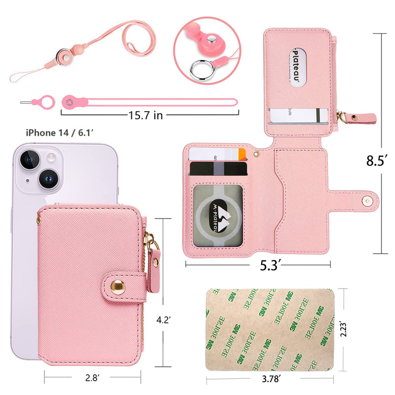 Phone Wallet Stick On,M-Plateau PU Leather Card Holder with Zipper Coin Pocket Compatible with iPhone and iPhone Case for Women with 3M Adhesive and Phone Lanyard Light Pink