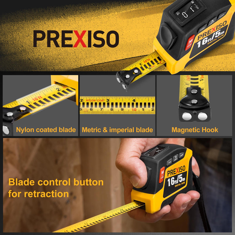 PREXISO 2-in-1 Digital Tape Measure - 16Ft Rechargeable Measuring Tape Ft/Ft+in/in/M/CM/MM - Metric & Inches Retractable Measurement Tape Tool with Auto Lock & Magnetic Tip - Pythagorean, Area, Volume Yellow