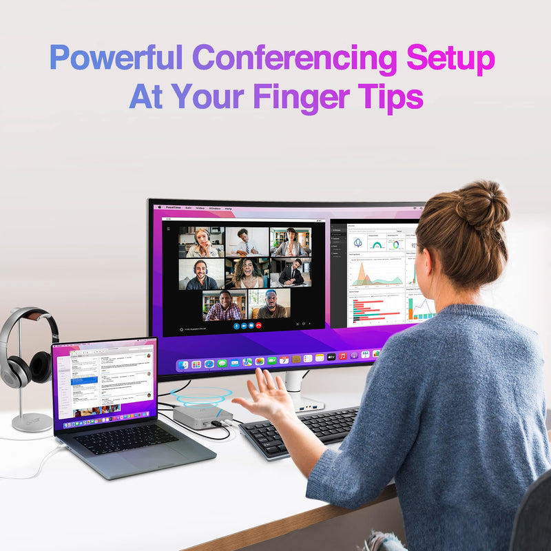 AVLT USB C Speakerphone Hub 360° Omnidirectional Sound Conference Microphone PD 85W Charging, 5Gbps Data Speed, External 4K HDMI Display Support, Portable and Space Saving for Meetings