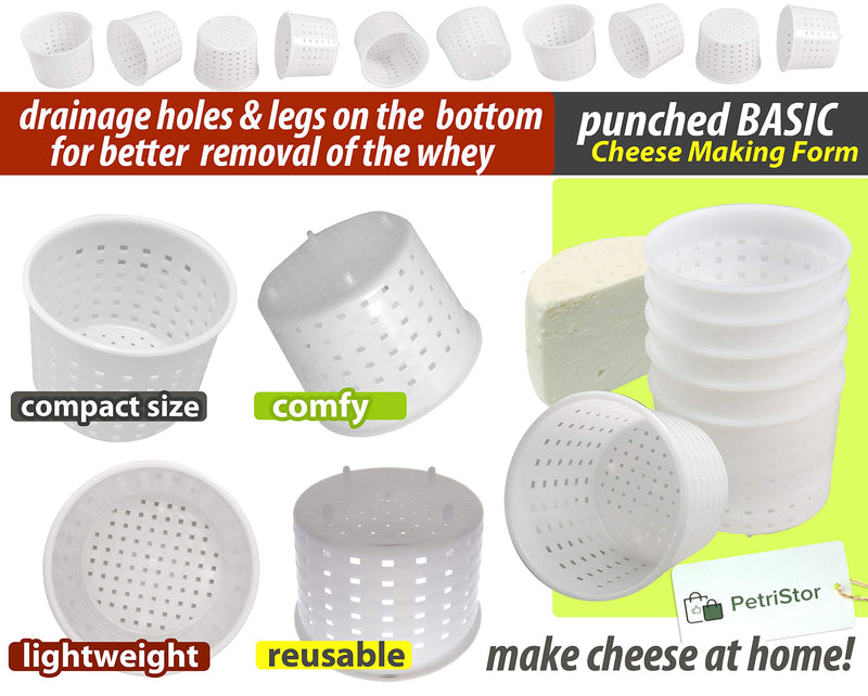 PetriStor 10pcs Small Cheese Mold for Cheese Making 1/3 qt - Soft Cheese Molds - Homemade Cheese Making Supplies - Cream Cheese Form Mold - Moldes Para Queso Fresco Casero - Feta Cheese Making