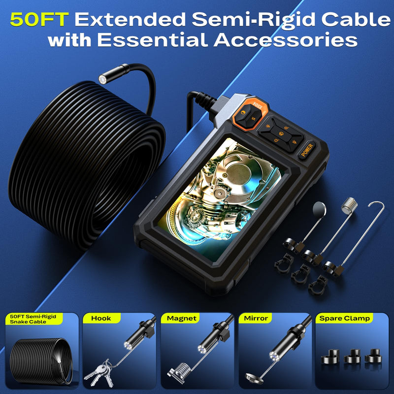 Endoscope Borescope Camera with Light, 4.3" IPS 1920P HD Inspection Camera, 50FT Semi-Rigid Snake Cable, IP67 Waterproof (7.9mm Probe) with 8 Adjustable LEDs for Sewer, Automotive Engine, Pipe, HVAC 50FT Single Lens