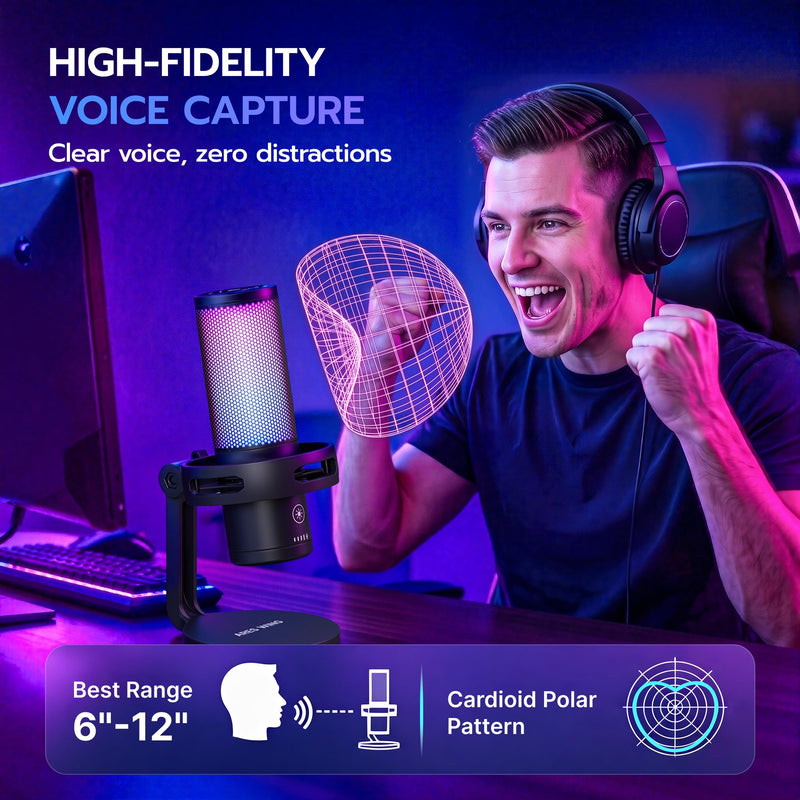 ARES WING USB Gaming Condenser Microphone with RGB Light, for Streaming | Cardioid Podcast Mic, Noise Reduction, Quick Mute, Shock Mount, Headphone Jack, Gain Knob for PC/Mac Discord Twitch YouTube