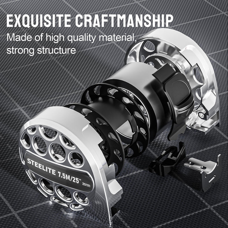 STEELITE Tape Measure 25'FT Stainless Steel Waterproof & Rustproof Retractable Measuring Tape with Hollow Design Bright Silver