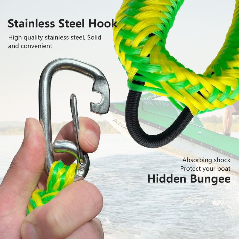 Bungee Dock Line with Double 316 Stainless Steel Clips Floatable Mooring Rope Boat Snubber Docking Rope for PWC, Boat Accessory for Kayak, Watercraft, Bass Boat, SeaDoo, 4FT, 2 Pack Green and Yellow
