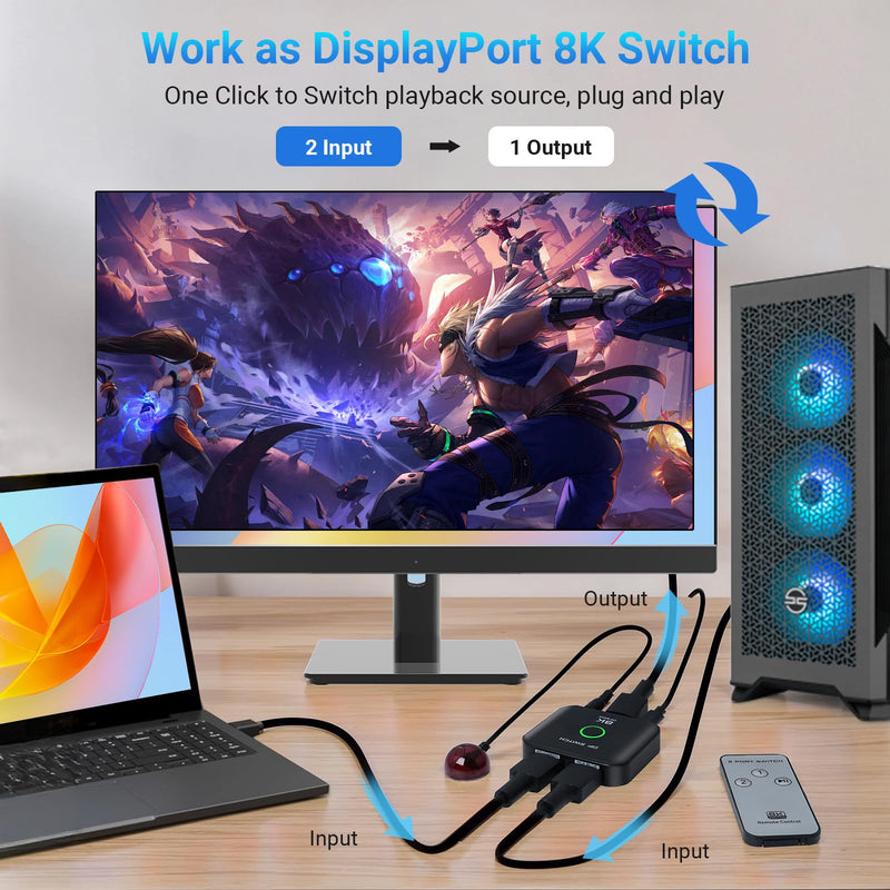 Displayport Switch 2 in 1 Out DP Switch Selector Box 8K@60Hz 4K@144Hz 4K@120Hz 4K@60Hz Display Port Switch for PS5, HDTV, Xbox, Fire Stick