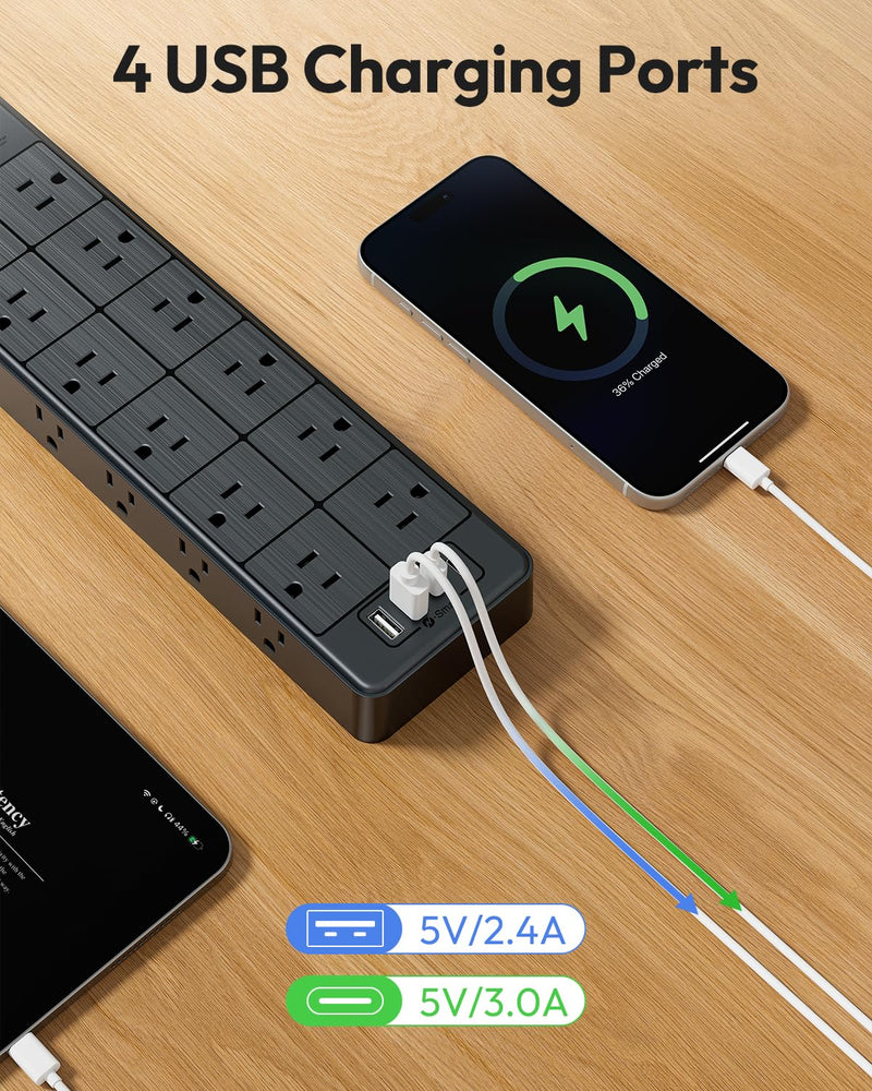Large Power Strip Surge Protector, NTONPOWER 5FT Extension Cord with 24 AC Outlets, 1875W/15A, 4000 Joules Flat Plug Power Extender for Home, Office, Dorm, Gaming Room, Black
