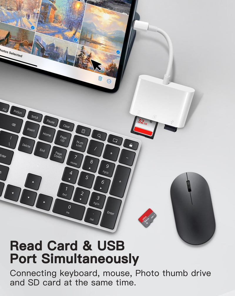 USB-C 3-in-1 SD Card Reader with SD, Micro SD Card Slots and USB Port, High-Speed Data Transfer