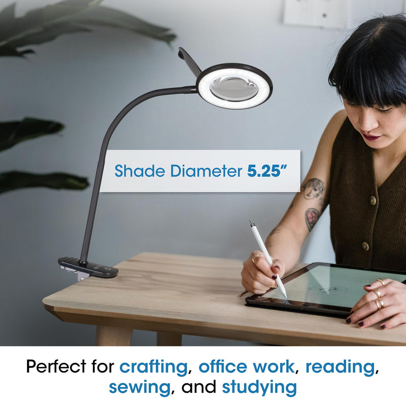 OttLite LED Lamp Clip On Magnifying Glass with Light – Optical Grade Magnification, Adjustable Arm, ClearSun LED Technology for Crafting & Needlework, Great Desk Lamp, Book Light, Reading Lamp Black