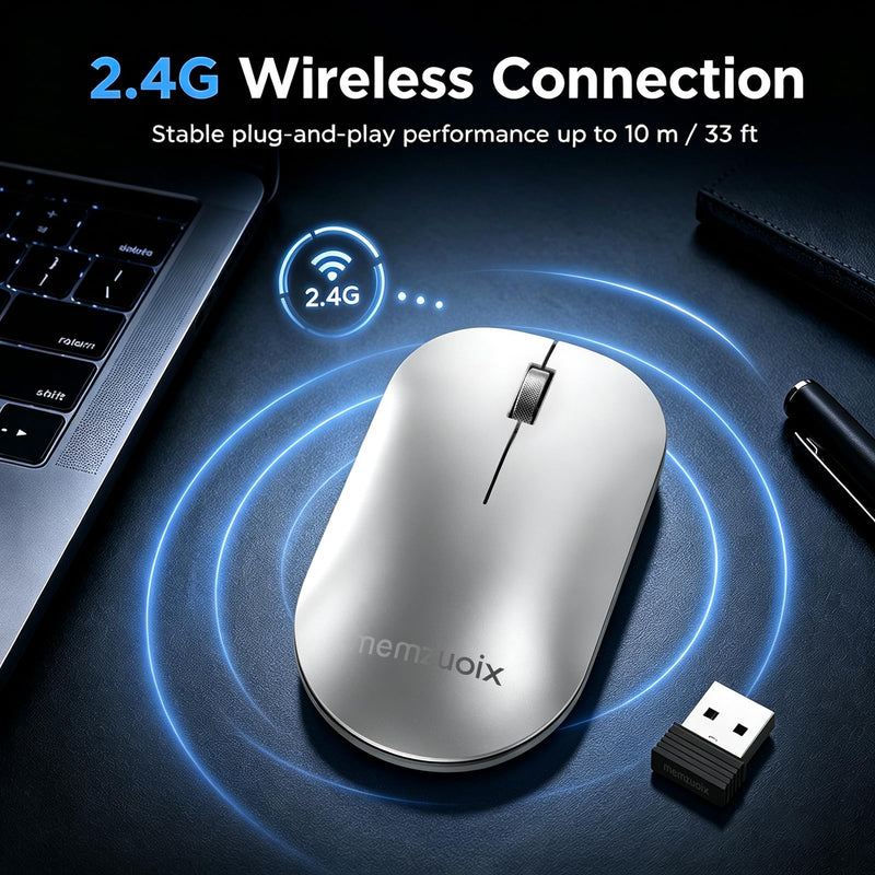 memzuoix 2.4GHz Wireless Mouse, Silent Click Portable Mouse with 1600 DPI Precision Optical Sensor, USB Receiver, Plug and Play Compact Mouse for PC, Laptop, MacBook, Chromebook, Chrome OS, Silver