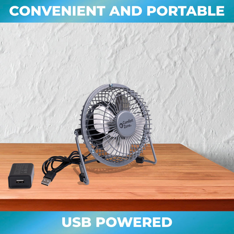 Comfort Zone Mini Portable Desk Fan with 360-Degree Adjustable Tilt, Dual Powered (USB or Power Cord), 4 inch, All-Metal Construction, Airflow 3.31 ft/sec, Ideal for Home, Bedroom & Office, CZHV4BK Black
