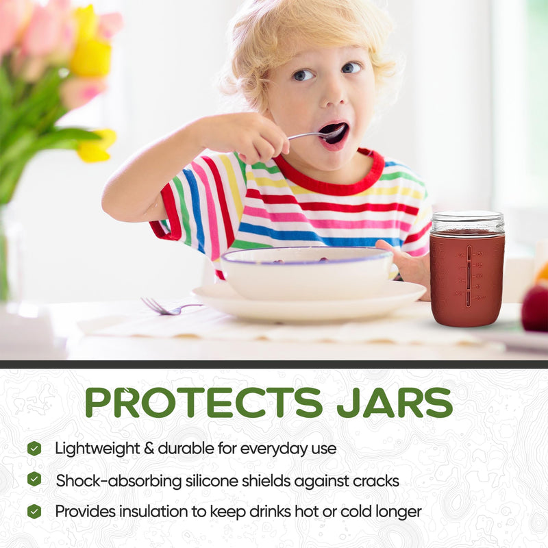 Silicone Mason Jar Sleeves | Anti-Slip Protectors for 8 oz Regular Mouth Ball & Kerr Jelly Canning Jars | Kids Cup Holders with Measurement Markings | Dishwasher Safe Jar Jackets - 5 Pack Gender Neutral Combo