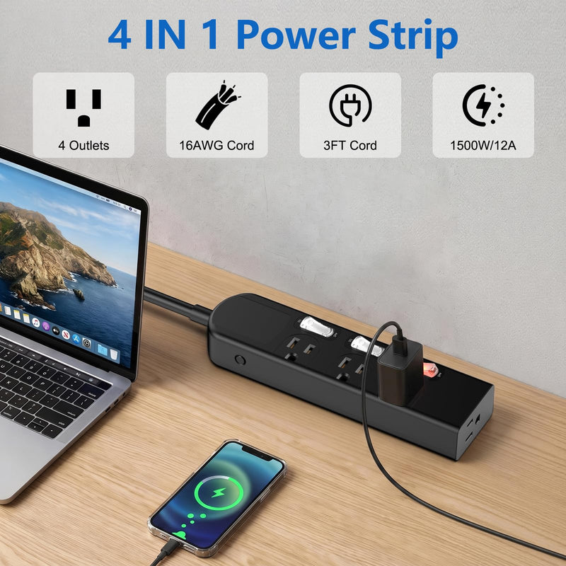 Small Power Strip with Individual Switches, 3FT Extension Cord | 3 Switched Outlets with LED and 1 Always-On, Wide-Spaced, Mountable for Aquarium, 1500W/12A, Flat Plug, Black