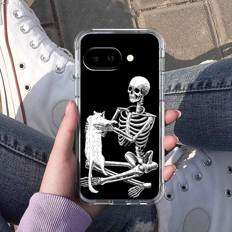 Case for Google Pixel 10a with Skull Design,Cool Skeleton and Cat Pattern,Clear Slim Soft TPU Bumper Phone Cover,6.3”(Skull,P10a)