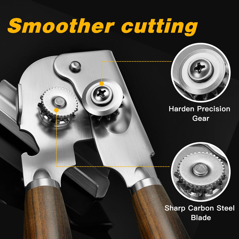 Upgraded Efficient Manual Can Opener - Selected Solid Wood Handle, Sharp and Smooth Blade Edge, Portable Design, Easy-Open Large Knob, Versatile for Various Bottle Caps（Agarwood） Agarwood