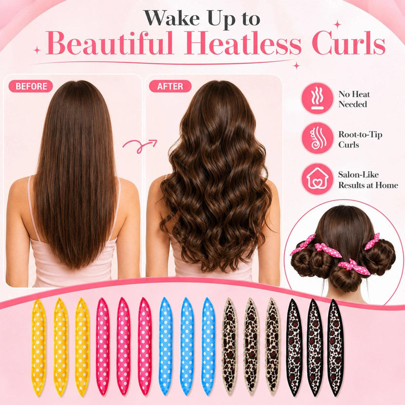  [AUSTRALIA] - 18 Pcs No Heat Hair Curlers, Soft Satin Pillow Rollers For Women, DIY Set | Sponge Rollers For Overnight Styling; Six Polka Dot And Leopard Designs; For Long And Short Hair; Natural-Looking Waves