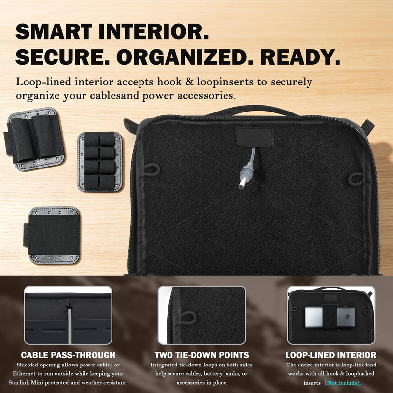 Starlink Mini Adventure Bag, MOLLE Carrying Case for Camping and Travel | Front MOLLE storage and a rear mounting panel let you carry and mount Starlink Mini for camping, RV and overlanding.