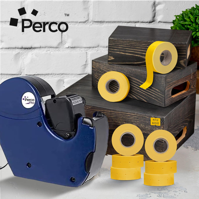 Perco 2 Line Yellow Labels - 8 Rolls, 1 Sleeve, 6,000 Blank Price and Date Gun Labels for Perco 2 Line Price and Date Guns - Made in USA