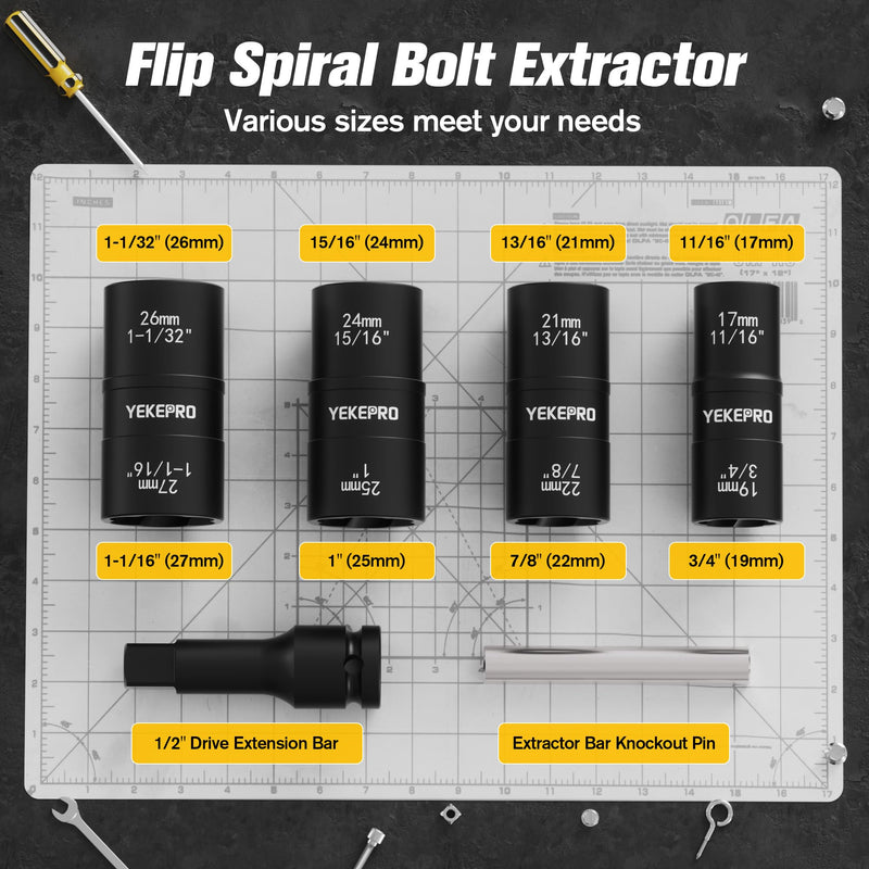 6PCS 2-in-1 Flip Lug Nut Extractor Socket Set, 1/2" Drive Nut Remover Kit, Double-Sided Impact Twist Sockets for Removing Stripped, Rusted & Damaged Lug Nuts, with Extension Bar & Knockout Pin