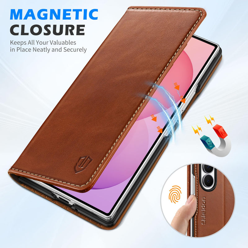 SHIELDON Genuine Leather Wallet Case for Galaxy Z Fold 8 Ultra, Retro Brown | Folio Magnetic Cover, RFID Blocking, Credit Card Holder, Kickstand, Fodable Design, Shockproof Protective Shell for Men Women