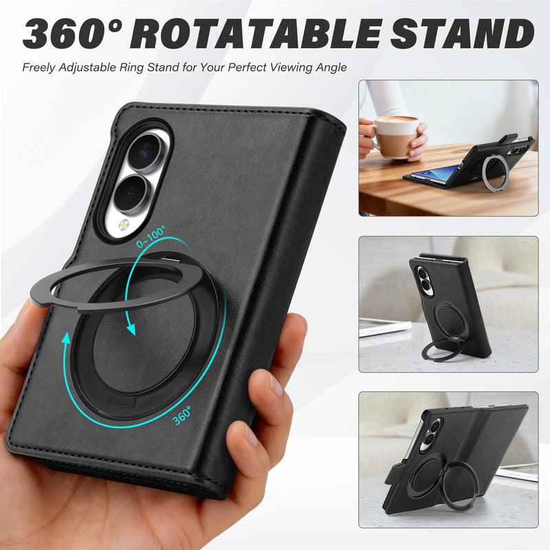 TUCCH Wallet Case with Ring Stand for Galaxy Z Fold8 (7.6") 2026, Black | 3 Card Slots, RFID Blocking, Adjustable Kickstand, PU Leather, PC Shell, Magnetic Closure, Folio Flip Cover