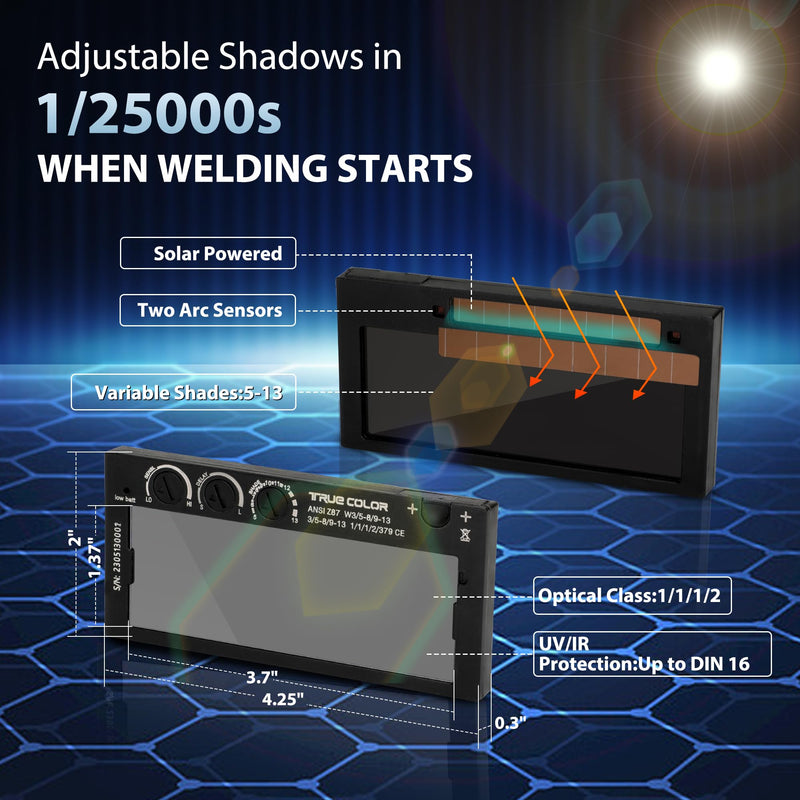 Auto-Darkening Welding Lens, 2×4.25, Variable Shade 5-13, True Color Technology, with Replacement Outside Cover Lens, Fit most Pancake and Pipeliner Welding Hoods Black