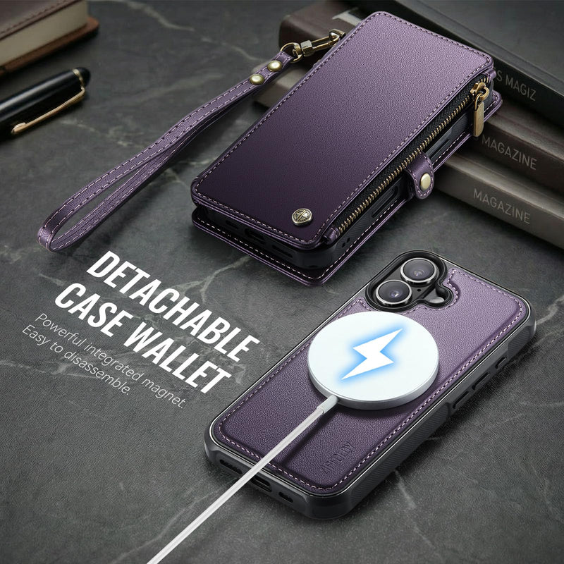 for iPhone 16 Plus - Phone Case Wallet Magnetic Detachable, Purple | Compatible with Magsafe, RFID Blocking Card Holder, Zipper Pocket, Wristlet, Durable PU Leather, Magnet Flip, for Women Men Deep Purple