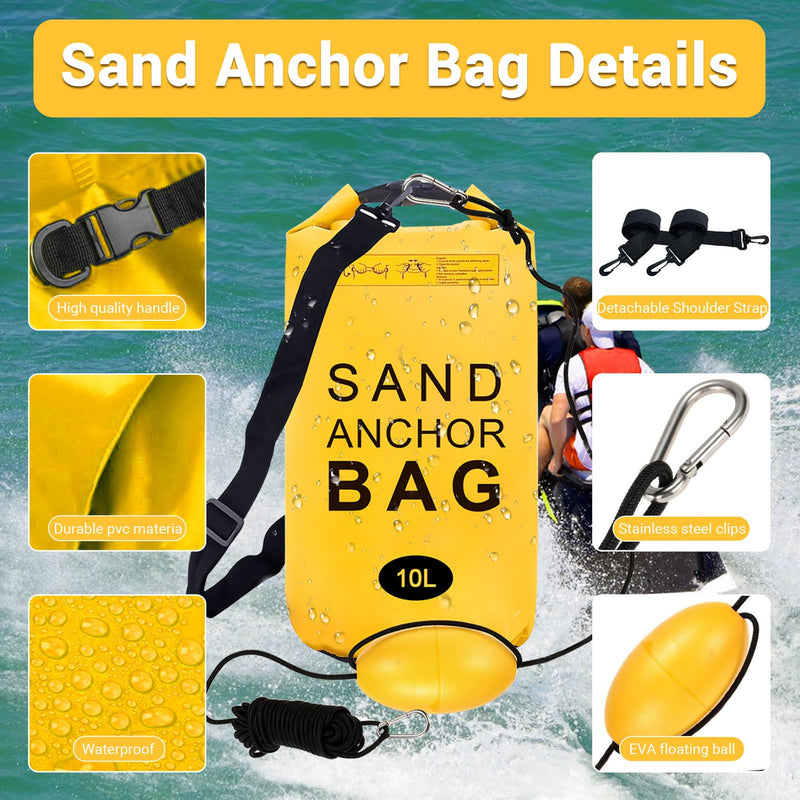 2 Pack Sand Anchor Bag, 10L Waterproof Sand Bag Anchor kit for PWC, Jetski, Kayak, Paddle Board, Small Boats, Beach - Includes 2Pcs Anchor Bag, 2Pcs 30ft Anchor Rope, 2Pcs Adjustable Buoy