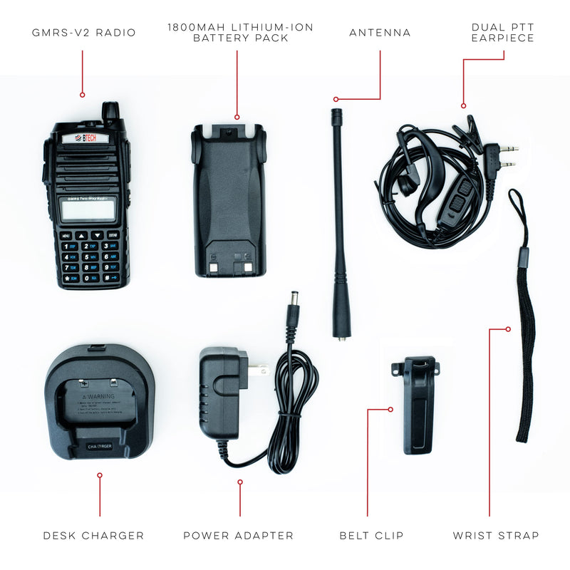 BTECH GMRS-V2 5W 200 Fully Customizable Channels GMRS Two-Way Radio. USB-C Charging, IP54 Weatherproof, Repeater Compatible, Dual Band Scanning (VHF/UHF), FM Radio, & NOAA Weather Broadcast Receiver