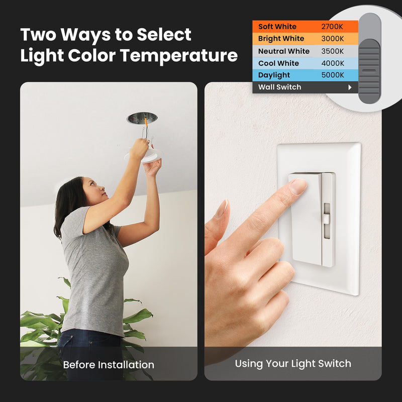 Feit Electric 4 Inch LED Recessed Downlight with Lumen Select, 75W Equivalent, Dimmable, 775 Lumens, 5CCT Selectable White 2700K–5000K, 90+ CRI, 50,000-Hour Lifetime, LEDR4HO/6WYCA/4, 4 Pack 4-Inch High Output