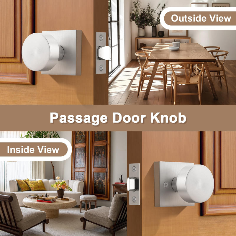 Probrico Door Knob Brushed Nickel Interior Handle for Closet and Hallway Doors, Keyless Door Knob No Lock, Interior Doorknob on Square Rose, 1 Pack Passage
