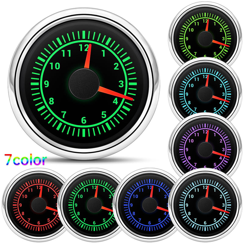 ARTILAURA 2" 52mm Clock Gauge 7 Color Waterproof 0-12 Hours Clock Meter Gauge for Car Boat (Black & Silver) Black & Silver
