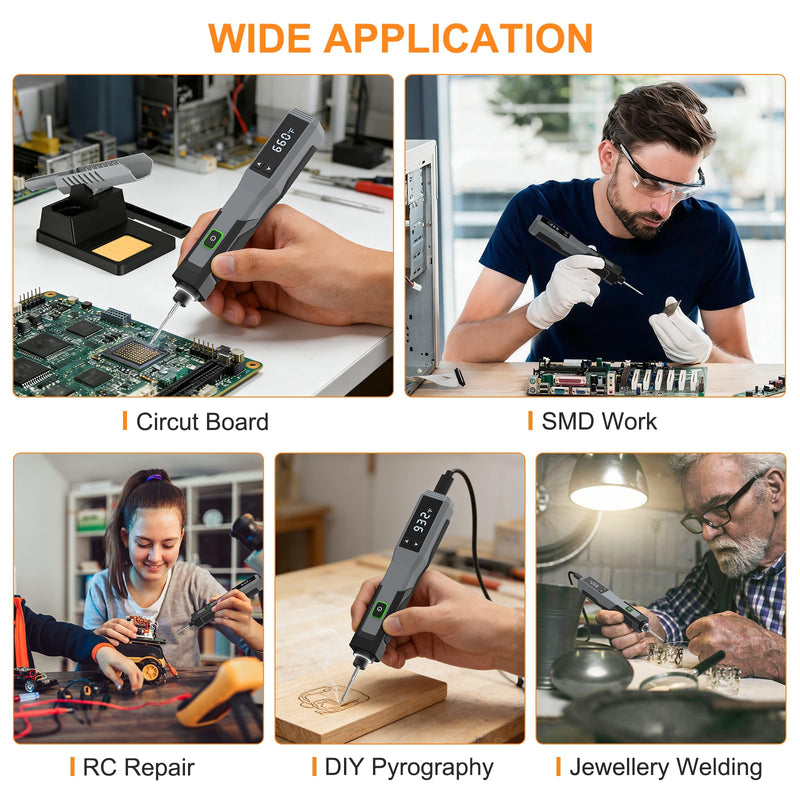 Soldering Iron Kit Cordless 5s Heating 14-in-1 Portable Soldering Iron with LED Display 392-932℉, Auto Sleep, Electric USB Rechargeable Wireless Welding Tool for Precision Repair DIY Grey