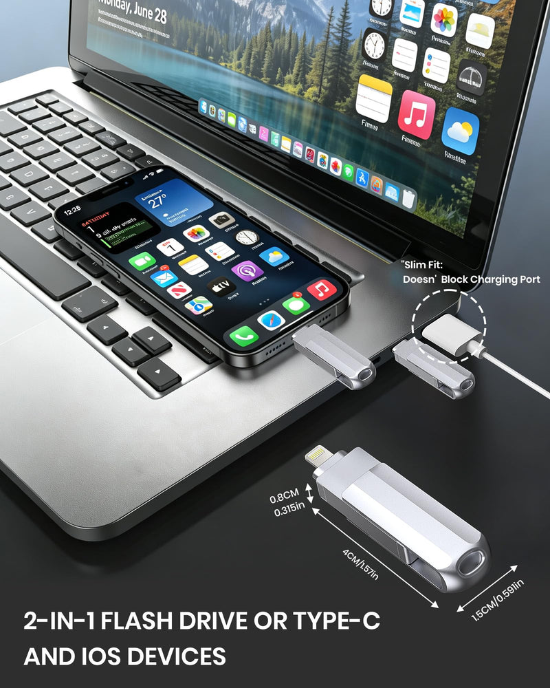 512GB Flash Drive for iPhone/iPad, USB-C Photo Stick with USB-A Adapter | Free Up iPhone Storage;No Cloud Subscription Required;Transfer Across Multiple Devices;Privacy-Focused Local Storage 512GB（with USB A)
