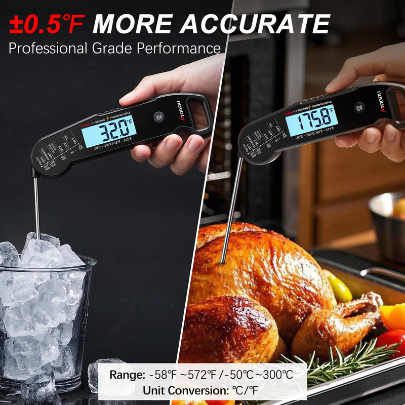 Professional Food & Meat Thermometer, 1 Sec Instant Read & ±0.5℉ Accuracy Driven by Thermocouple Sensor. IP67 Waterproof Digital Thermometer for Cooking, BBQ, Grill Gifts for Men Him Dad Birthday Black