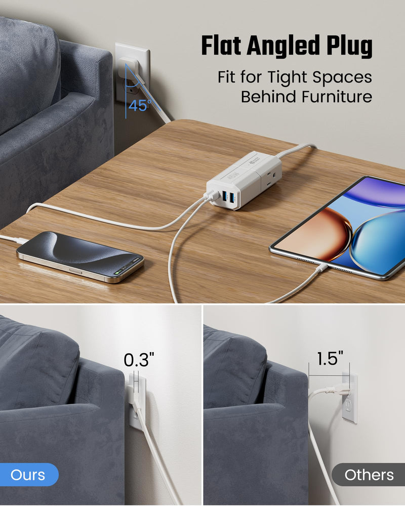 SUPERDANNY Detachable Travel Power Strip,45W USB Fast Charge,2 USB-C & 2 USB-A with 3 Outlets Flat Plug Extension Cord 5ft,Portable Charger for Travel Essentials for Travel Cruise Home, White 5 FT Upgrade Extension Cord with Adapter