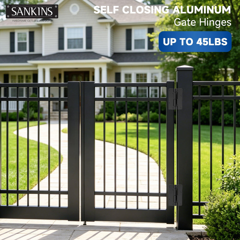 5-3/4" Adjustable Self Closing Aluminum Gate Hinges, Heavy Duty Gate Hinges for Metal Gates, Non-Legged Door Hinges Fence Gate Hinge for Pool Gate, Aluminum Gate, 2pcs, Black