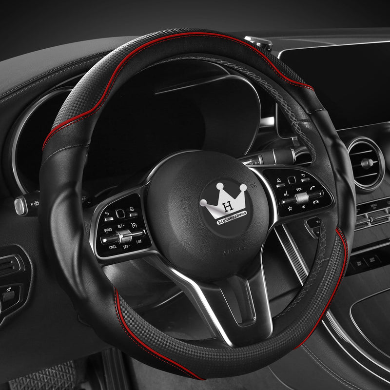 3D Car Steering Wheel Cover Comfort Grip Massage Sporty Anti-Slip Carbon Fiber Faux Leather for Sedan SUV, Universal Fit, Car Handle Covers for All Seasons, 14.75-15.15in, Red Black+Red Standard Size[14.75-15.15"](37.5-38.5cm)