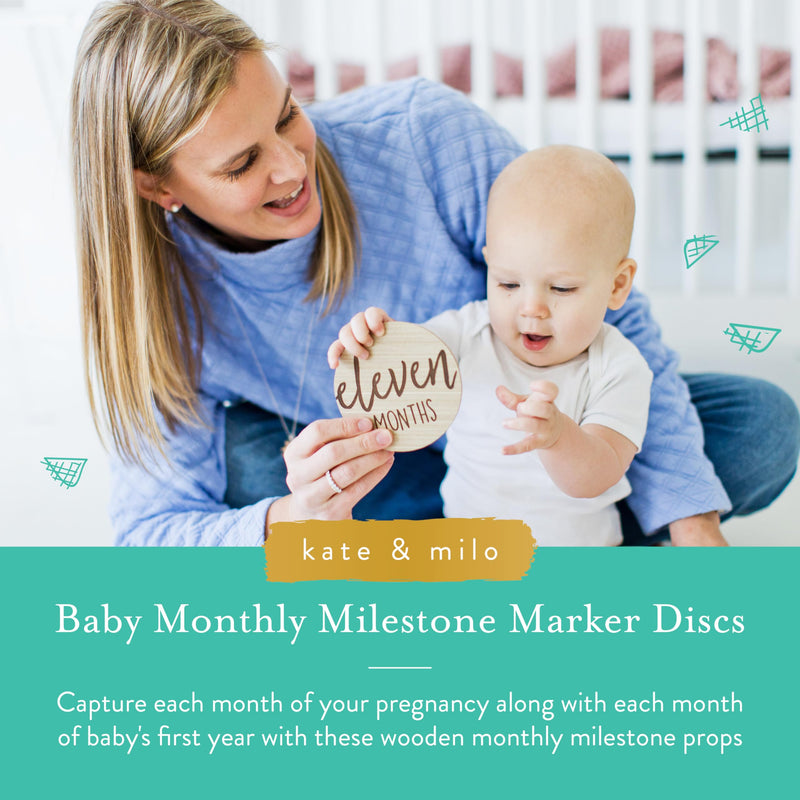 Kate & Milo Baby Monthly Milestone Marker Discs - Classic Cursive Script Wooden Discs with Reversible Photo Props for Baby Announcement and Milestones, Gender-Neutral Gift for Newborn Boy and Girl Circle Milestone Discs