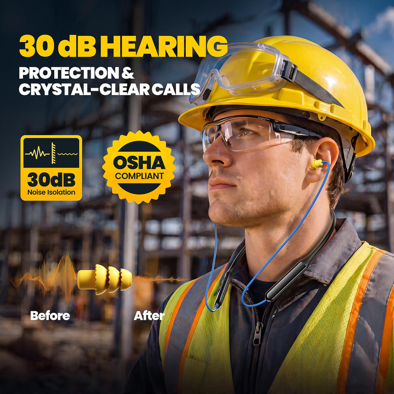 Next-Gen Bluetooth 6.0 Earplug Headphones for Work, 30dB Hearing Protection | 40H Playtime, OSHA-Compliant, Built-in USB-C Plug, IPX6 Waterproof, Neckband Noise Reduction Wireless Safety Earbuds with Mic Blue with Yellow