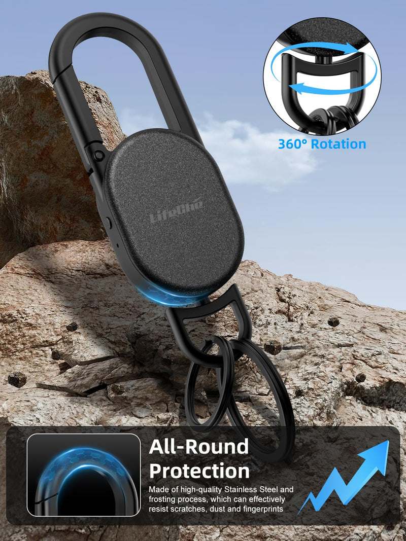 Keychain, Key Finder Built-in Anti-Loss Tracker, Heavy Duty Key Holder, Premium Stainless Steel Keychain Carabiner Car Key Chains with GPS Global Locator Tracking Waterproof Black