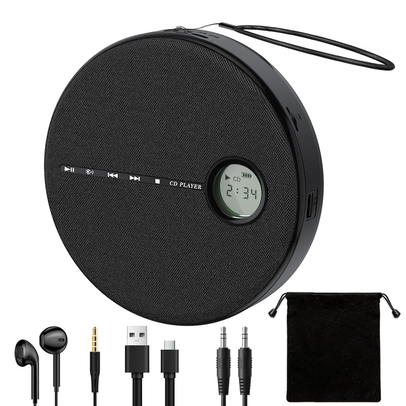 Portable Bluetooth CD Player with Anti-Skip, Stereo Speakers & Headphones | A-B Repeat, PROG Memory, 10 Playback Speeds, AUX input, Small Personal Walkman CD Players for Home, Car & Travel, Ideal Gifts