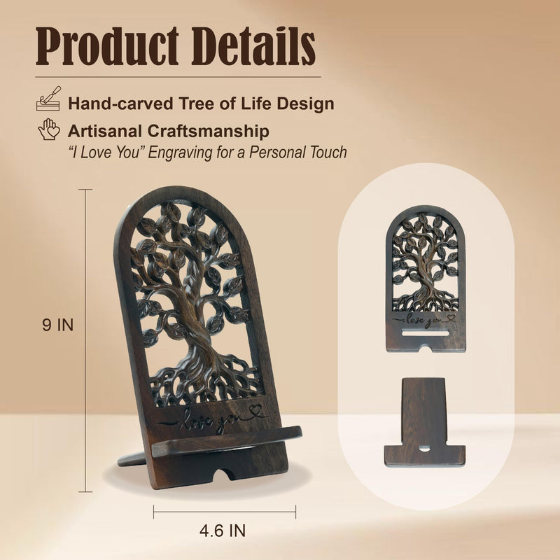 Handicraftviet - Handcrafted Wooden Tree of Life Phone Stand, Engraved “I Love You” – Vintage Desk Docking Station for Smartphone – Gift for Mom, Grandma, Sister, Dark Brown (Tree of Life)