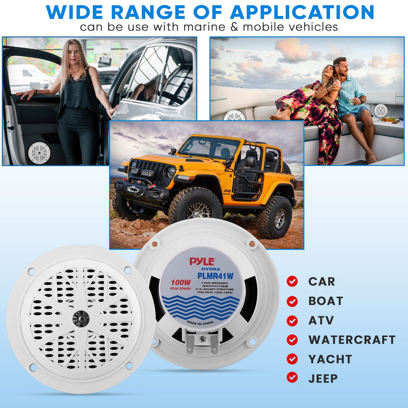 Pyle 4 Inch Dual Marine Speakers - Waterproof and Weather Resistant Outdoor Audio Stereo Sound System with Polypropylene Cone,Cloth Surround and Low Profile Design -1 Pai -PLMR41W (White) One Size