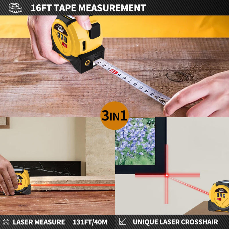 Laser Tape Measure 3 in 1 Laser Rangefinder Tape Measure 131ft Laser Measuring Tape & 16ft Tape Measure for Pythagorean, Area, Volum, Multi-Unit Conversion (Ft/Ft+in/in), Yellow