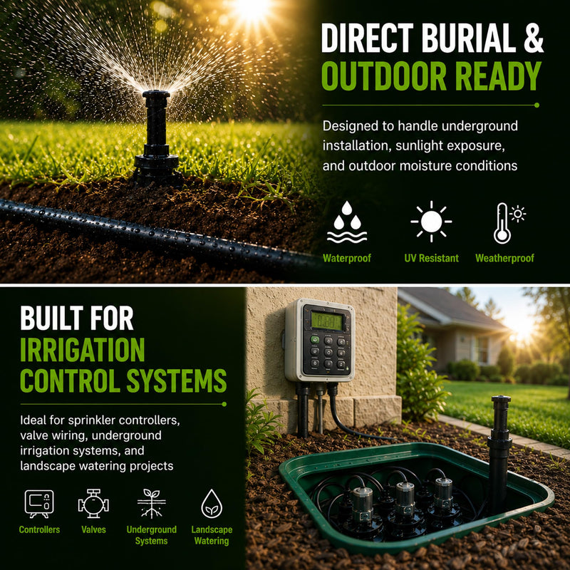 SYSTON 18/5 Sprinkler Wire, 100% Solid Copper Irrigation Control Wire, Direct Burial Underground Low Voltage Cable, UV Sunlight Resistant PE Jacket for Sprinkler Systems, 18 AWG 5 Conductors, 50 FT 18/5 Black