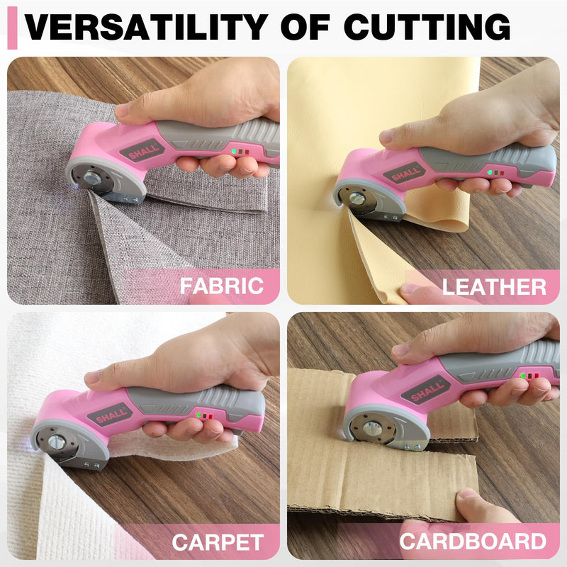 SHALL 4V Cordless Electric Scissors, Rechargeable Cardboard Cutter, Rotary Electric Box Cutter w/Safety Lock, LED Light & Replacement Blade for Fabric, Leather, Carpet, Cardboard & Plastic, Pink/Grey