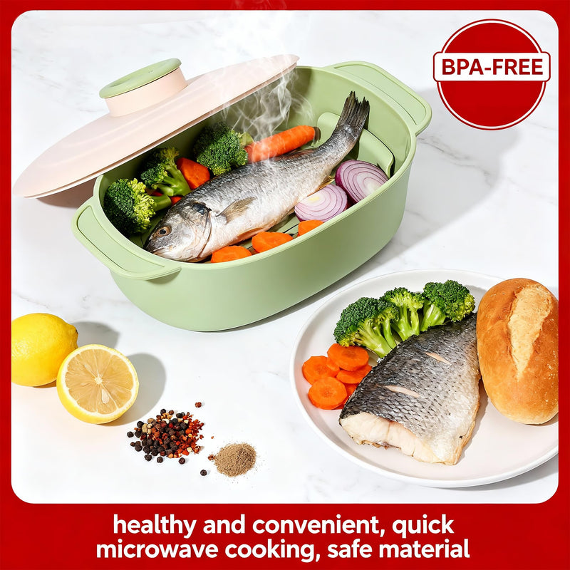 44oz Silicone Steamer Bowl with Handle & Lid, 9.8x5.7x4in | Microwave-Safe, BPA-Free with Removable Rack, Rotating Steam Vent, Freezer & Dishwasher Safe, Ideal for Vegetables & Fish
