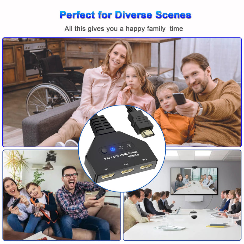 HDMI Switch 3 in 1 Out, 4K@60hz HDMI Splitter, 3 Way HDMI Switcher Supports Full HDCP2.2 1080P 3D Compatible with Roku Fire TV Stick HDTV PS4/PS5 Xbox One Chromecast, Compatible with Mac/Win/Linux