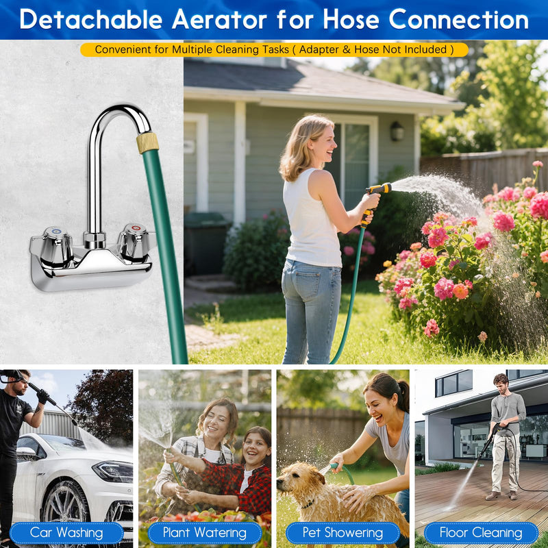 Leak-Free Commercial Hand Sink Faucet with Ceramic Valve, 4 Inch Center Wall Mount Kitchen Faucet with 3-1/2" Swivel Gooseneck Spout & Dual Knobs for Bar Restaurant Laundry, Brass Constructed